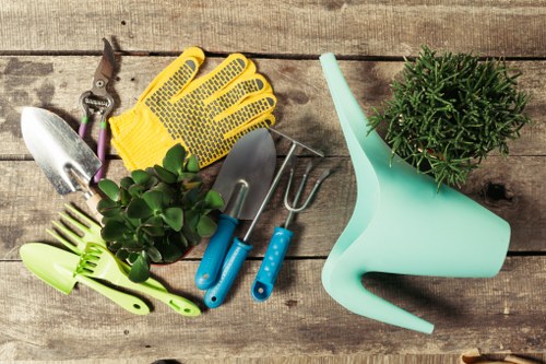 A collection of gardening tools and accessories arranged on a weathered wooden surface, including a pair of pruning shears, yellow rubber gardening gloves, a small trowel, a hand rake, and a pair of blue-handled gardening scissors. To the right, there is a turquoise plastic watering can positioned next to a potted plant with dense, green foliage, which appears to be a small shrub or herb. The background consists of aged wooden planks that add a rustic outdoor feel. The tools and plant suggest preparation for routine garden maintenance, such as planting, watering, or pruning, typical for services offered in gardens around Poplar, East London. The natural tones of the wood, bright yellow gloves, and vivid green plant create a lively yet professional atmosphere aligned with professional gardening and landscaping activities, supporting service relevance for lawn care and outdoor gardening specialists like Lawn Mowing Poplar.