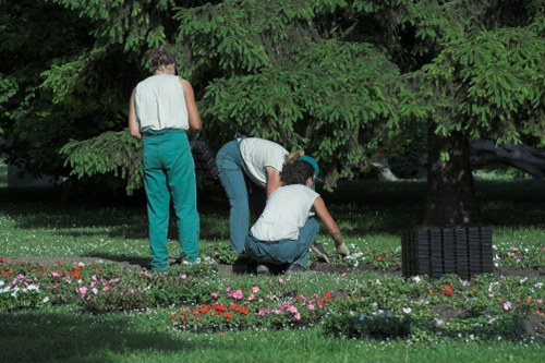 Technician wearing PPE inspecting a client's garden prior to mowing